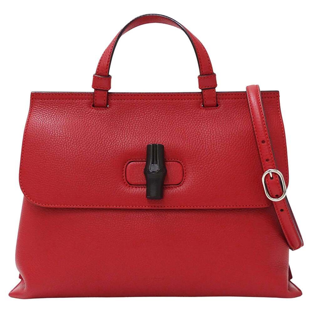 GUCCI Red Leather Bamboo Shoulder Bag